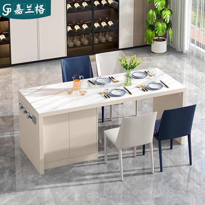 奶油风岩板岛台餐桌一体带水槽家用厨房中岛台茶桌带电磁炉吧台桌