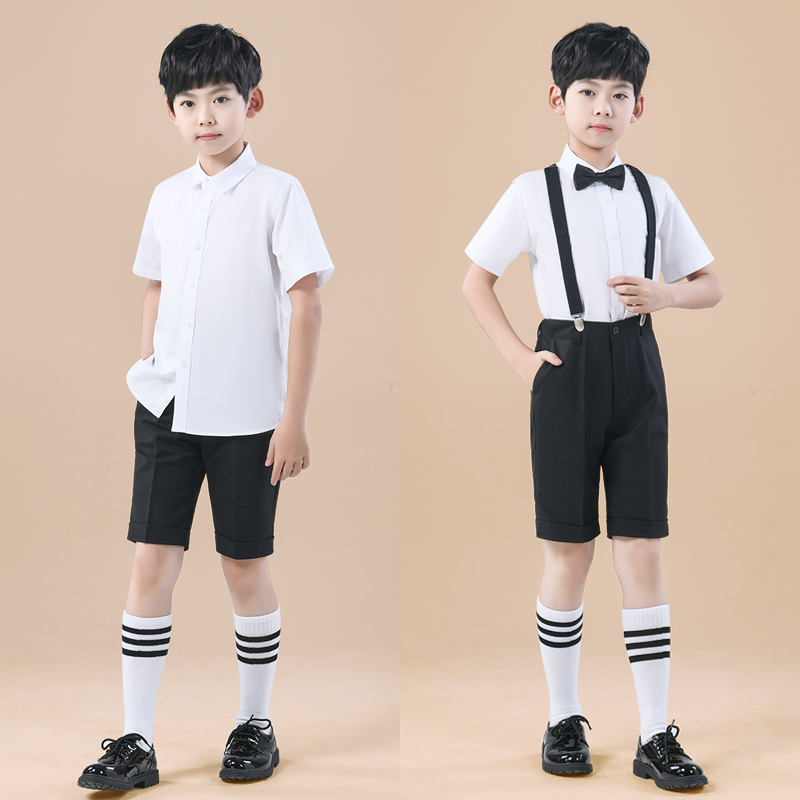 儿童西装短裤男童灰色西裤夏季薄款大童中裤背带裤小学生校服裤子