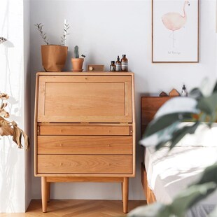 北欧简约设计中古秘书柜梳妆台欧式收纳柜实木书桌柜书桌书柜带