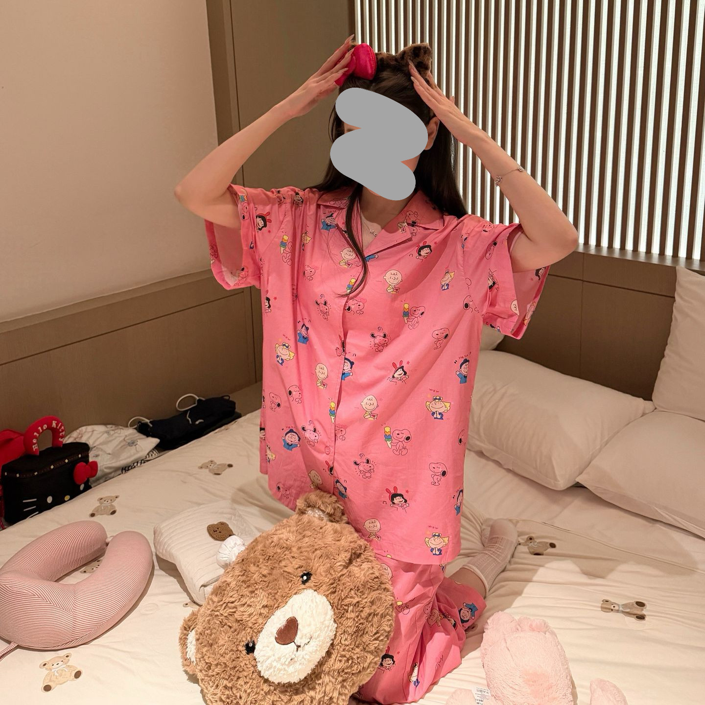 家居服套装粉色短袖长裤新款可爱卡通图案棉布两件套女士时尚