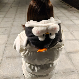 冬天儿童加厚加绒护耳帽子毛茸茸灰黑新款可爱卡通企鹅套头帽学生