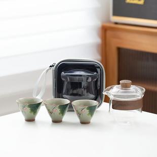 开片茶具 手绘哥窑玻璃旅行茶具防烫快客杯一壶三杯户外旅游便携式