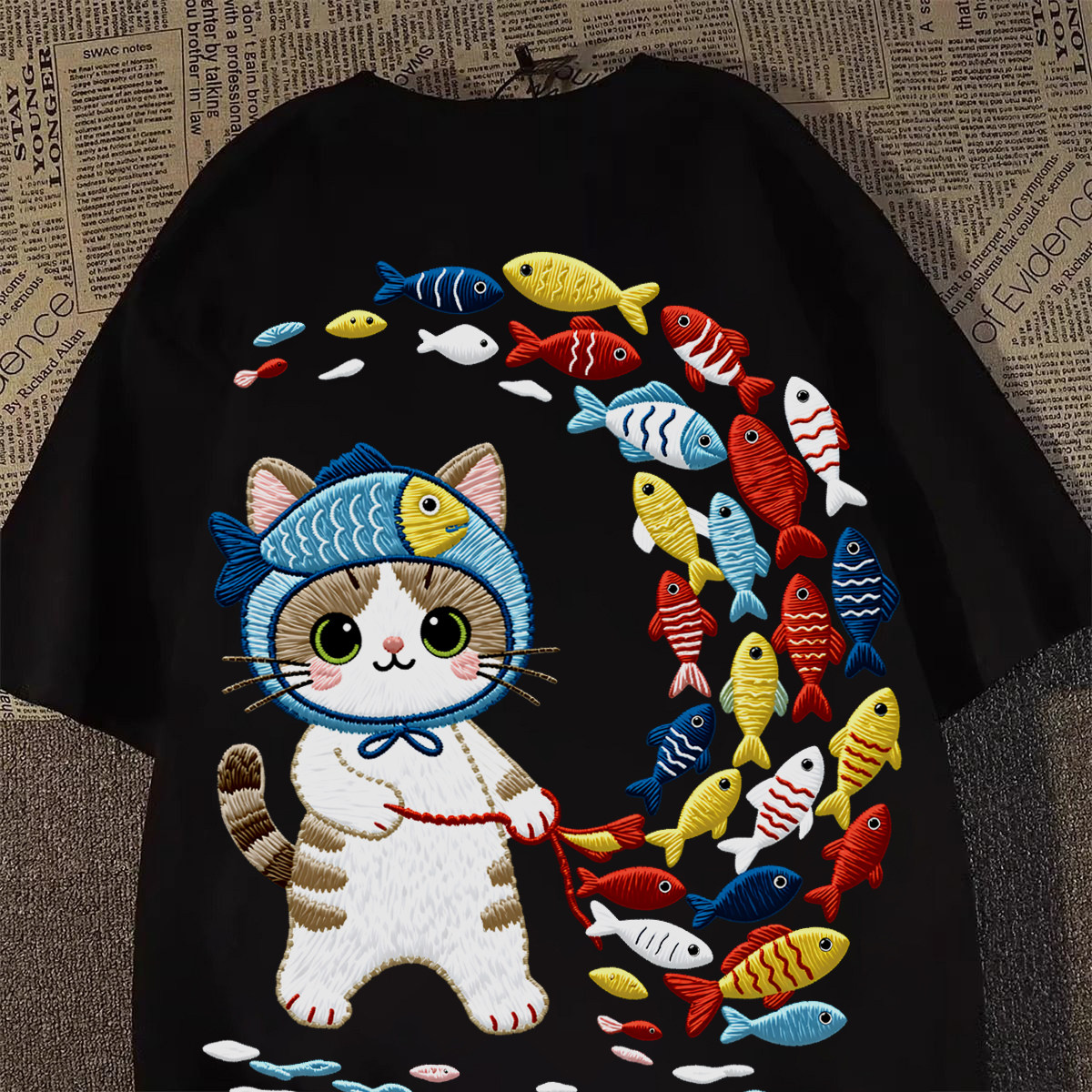 限时冲量~专柜撤回日系复古趣味卡通猫咪小鱼印花男女情侣短袖T恤