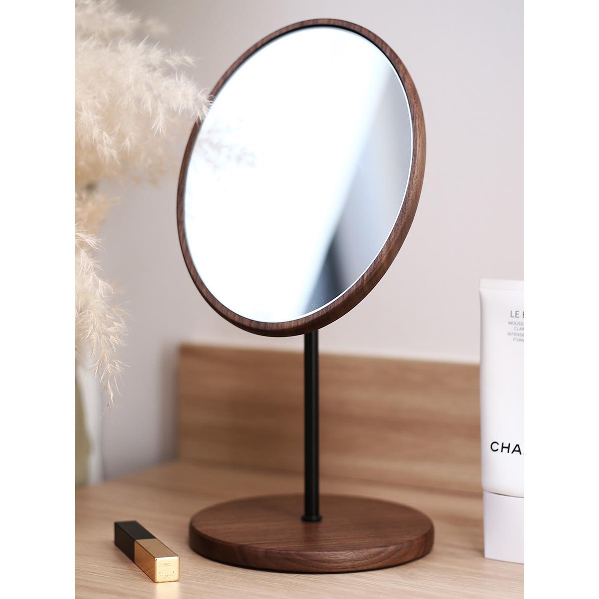 黑胡桃实木化妆镜台式桌面折叠梳妆镜便携随身简约原木高清镜