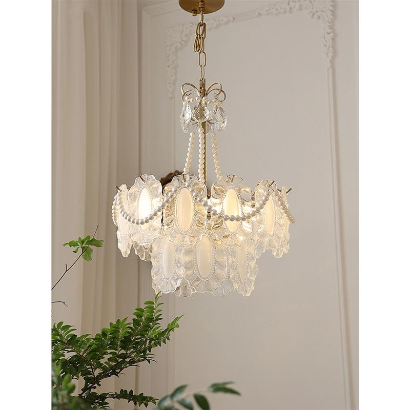法式华丽复古珍珠玻璃餐厅卧室灯具奶油风高级感轻奢水晶客厅吊灯