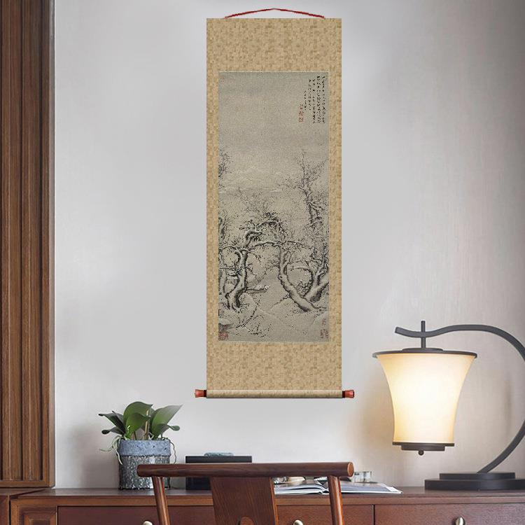 明项圣谟雪影渔人图山水画挂轴条幅卷轴名画复制品书房玄关挂画