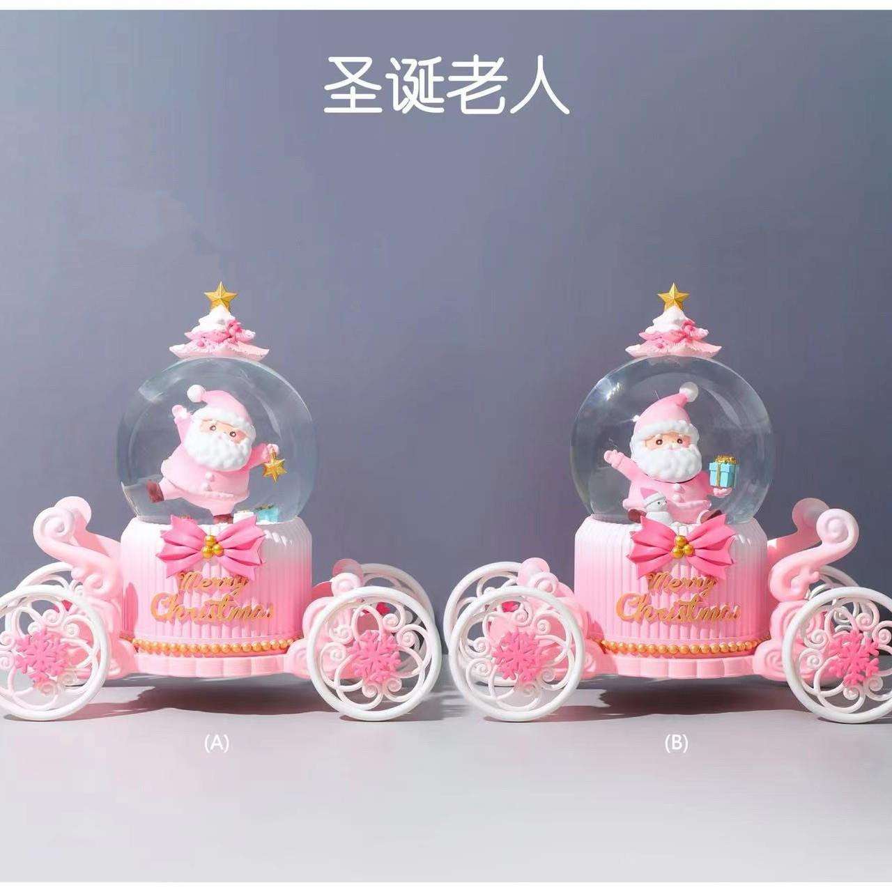 爆款粉色圣诞节日款水晶球马车款音乐盒桌面装饰摆件厂家直销跨境