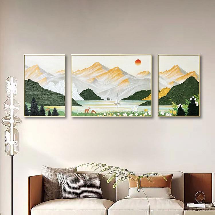 大芬村纯手绘油画抽象日照金山厚肌理组合装饰画客厅挂画