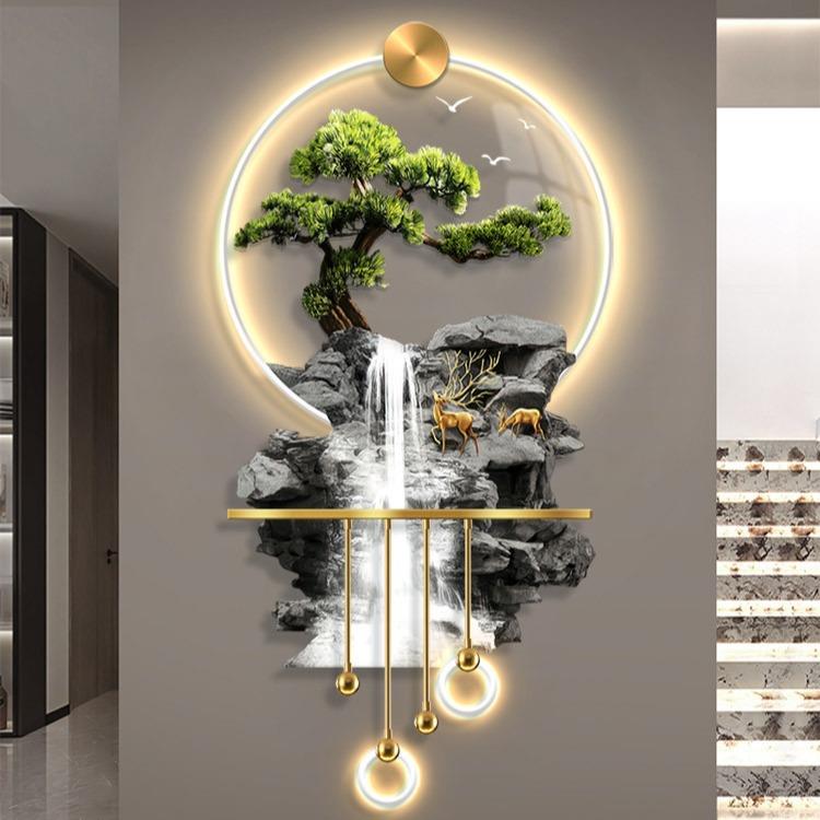 迎客松轻奢高山流水玄关立体LED灯光挂画装饰画走廊过道艺术壁画