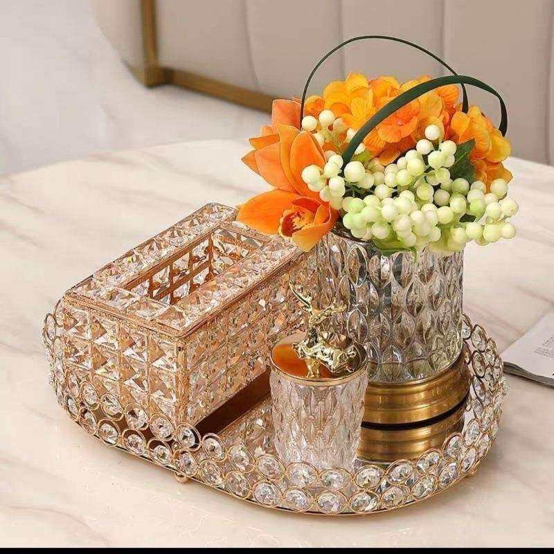 创意欧式水晶纸巾盒简约客厅餐桌茶几收纳装饰轻奢纸盒托盘套装