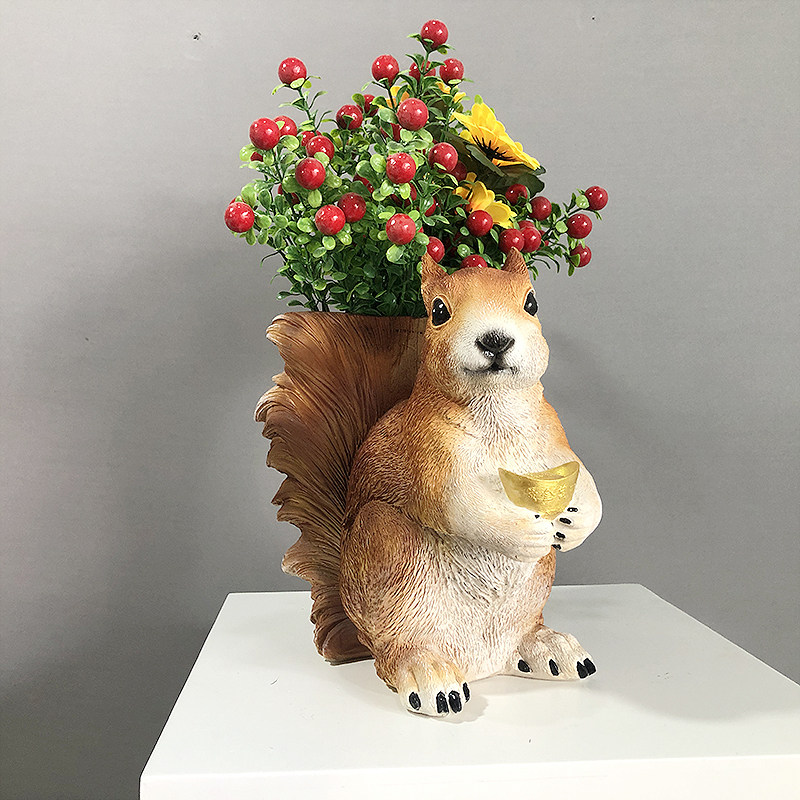 仿真动物小松鼠插花摆件花盆