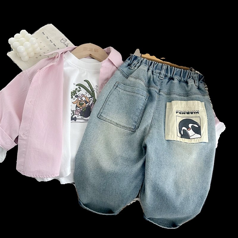 男童纯棉软牛仔裤2024春装新款儿童休闲裤宝宝宽松长裤女童春裤