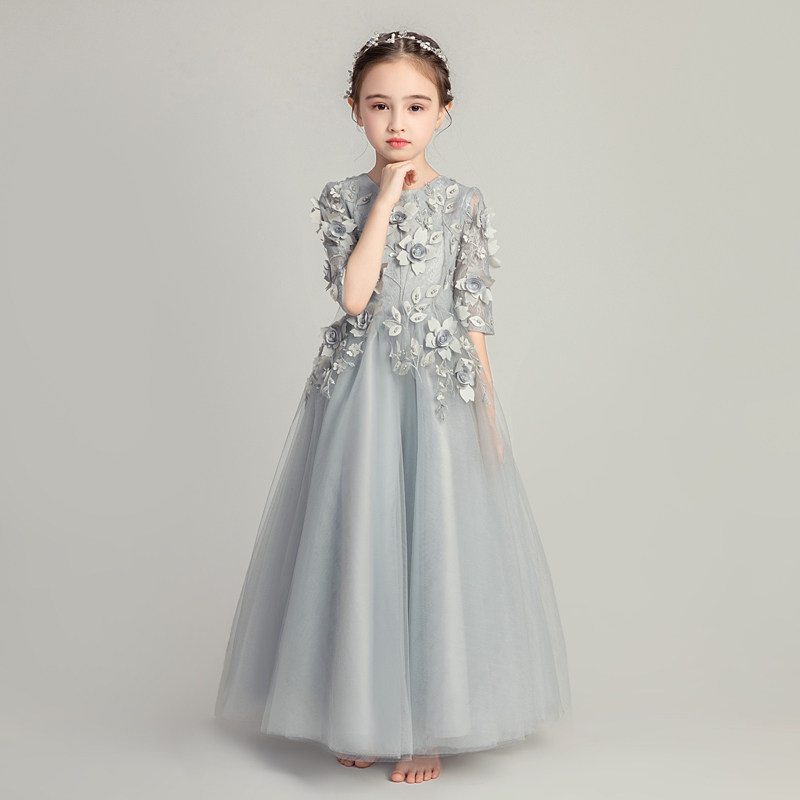 儿童礼服公主裙蓬蓬纱长袖小花童主持人晚礼服婚纱钢琴演出服洋气