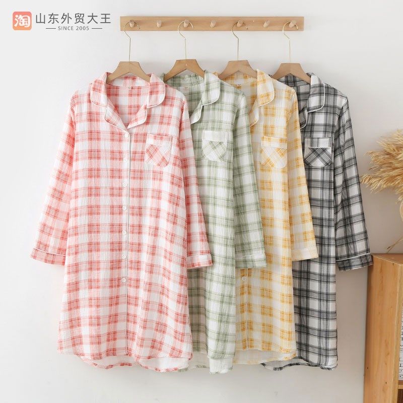 睡裙女士睡衣春秋夏季长袖纯棉纱布薄款宽松中长款衬衫裙格子家居