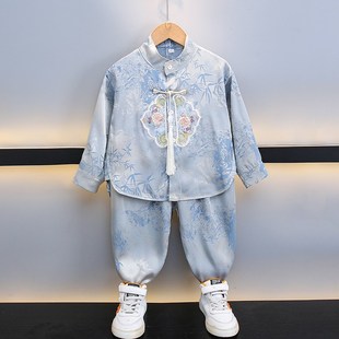 儿童高货唐装汉服长袖裤子两件套装男童春秋贵气少爷汉服绸缎国风