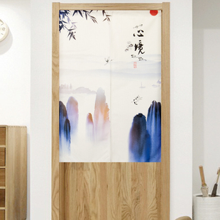 山水布艺门帘家用卧室隔断帘厨房挡风布帘子卫生间遮挡半帘免打孔