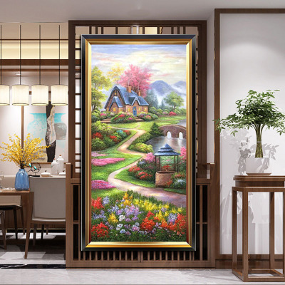 欧式油画客厅挂画风景手绘玄关装饰画美式走廊过道竖版定制墙壁画