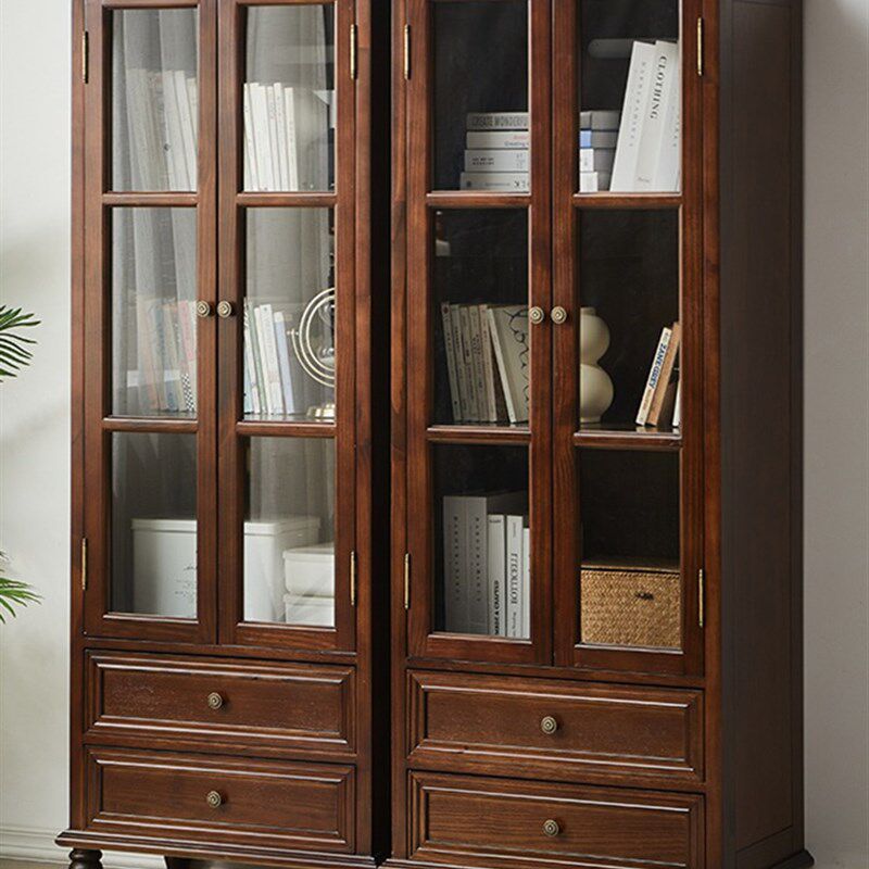 美式风全实木书柜两门书柜储物柜书房带玻璃带门书架落地书橱家用