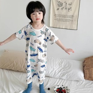儿童连体睡衣夏季 透气薄款 一粒扣春夏天大童宝宝 短袖 睡袋婴儿夏款