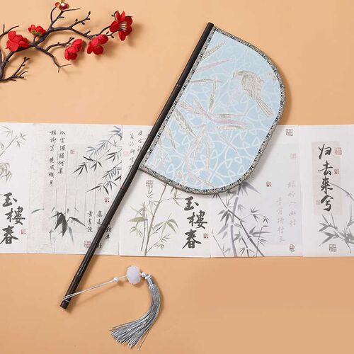 刀扇便面扇战国袍紫竹长柄遮面扇竹叶山鸟扇表演道具扇魏晋古风扇