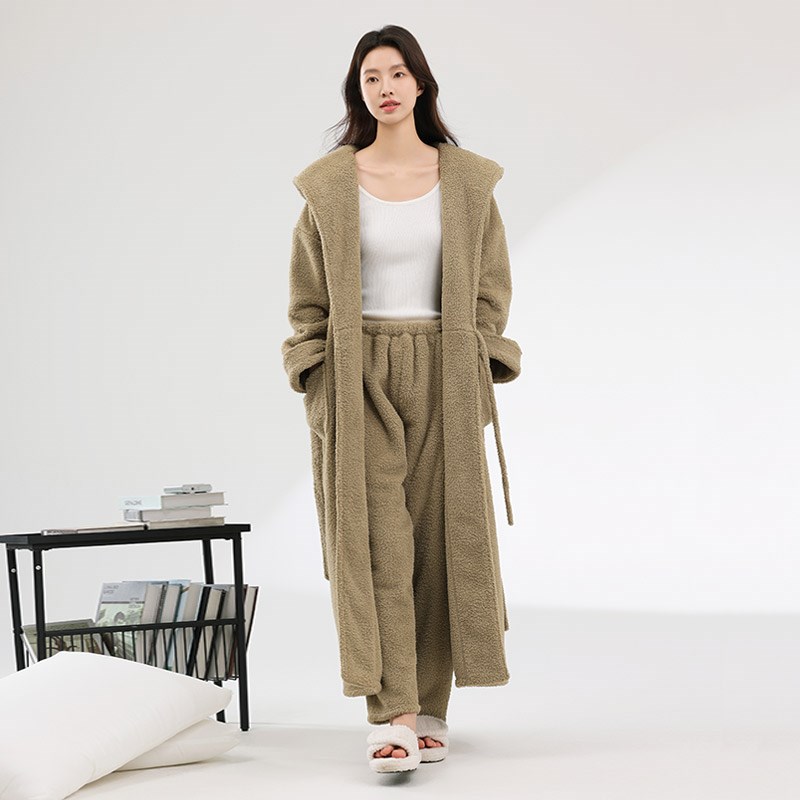 新款半边绒睡袍女秋冬季珊瑚绒浴袍长袍睡衣加长款浴衣加厚冬天