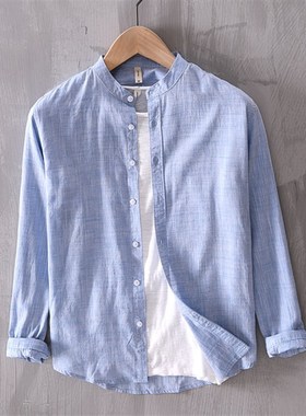 高性价比男士纯棉白色长袖立领薄款休闲复古衬衫春秋青年粉色衬衫