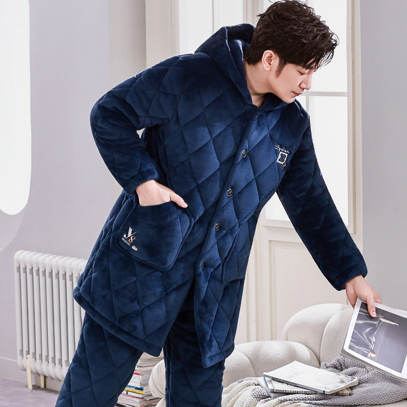 加长款连帽秋冬季男士睡衣珊瑚绒加厚加绒保暖三层夹棉家居服套装