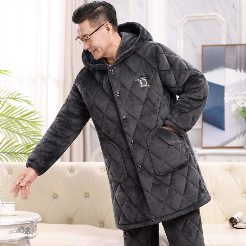 加长款连帽睡衣男士中老年爸爸爷爷夹棉加绒加厚夹棉家居服秋冬季