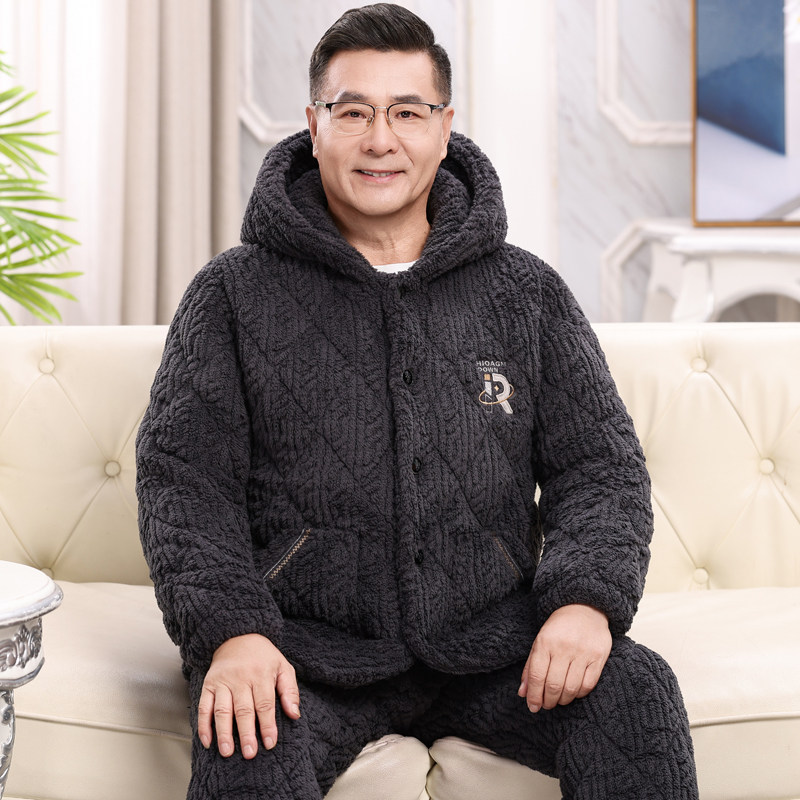睡衣男士秋冬季加厚加绒珊瑚绒夹棉三层保暖中老年爸爸家居服套装