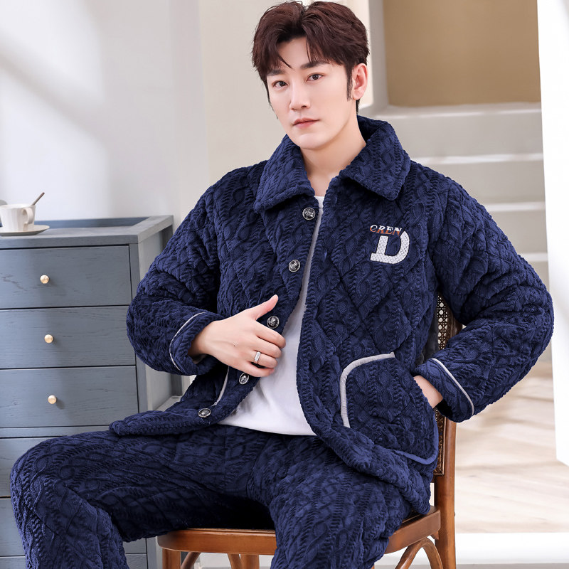 冬季睡衣男加厚加绒三层夹棉保暖珊瑚绒秋冬款男士大码家居服套装