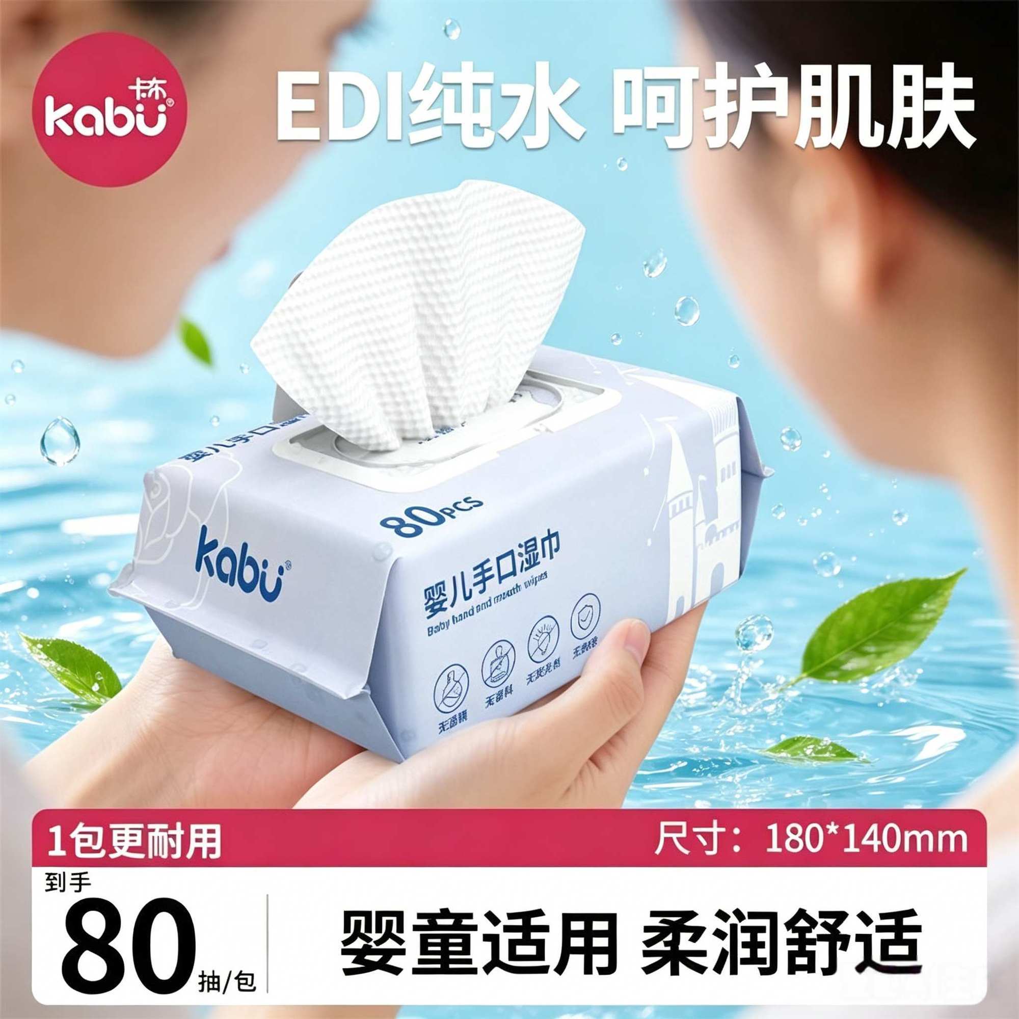卡布星空城堡婴儿湿巾纯水湿纸巾手口专用湿巾纸家庭实惠装80抽图片