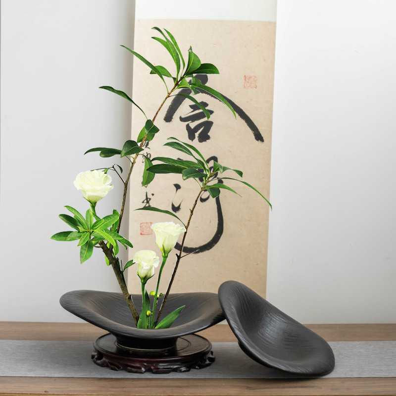 陶瓷大口径花盆中式剑山插花器皿家用禅意日式小原流复古花器摆件