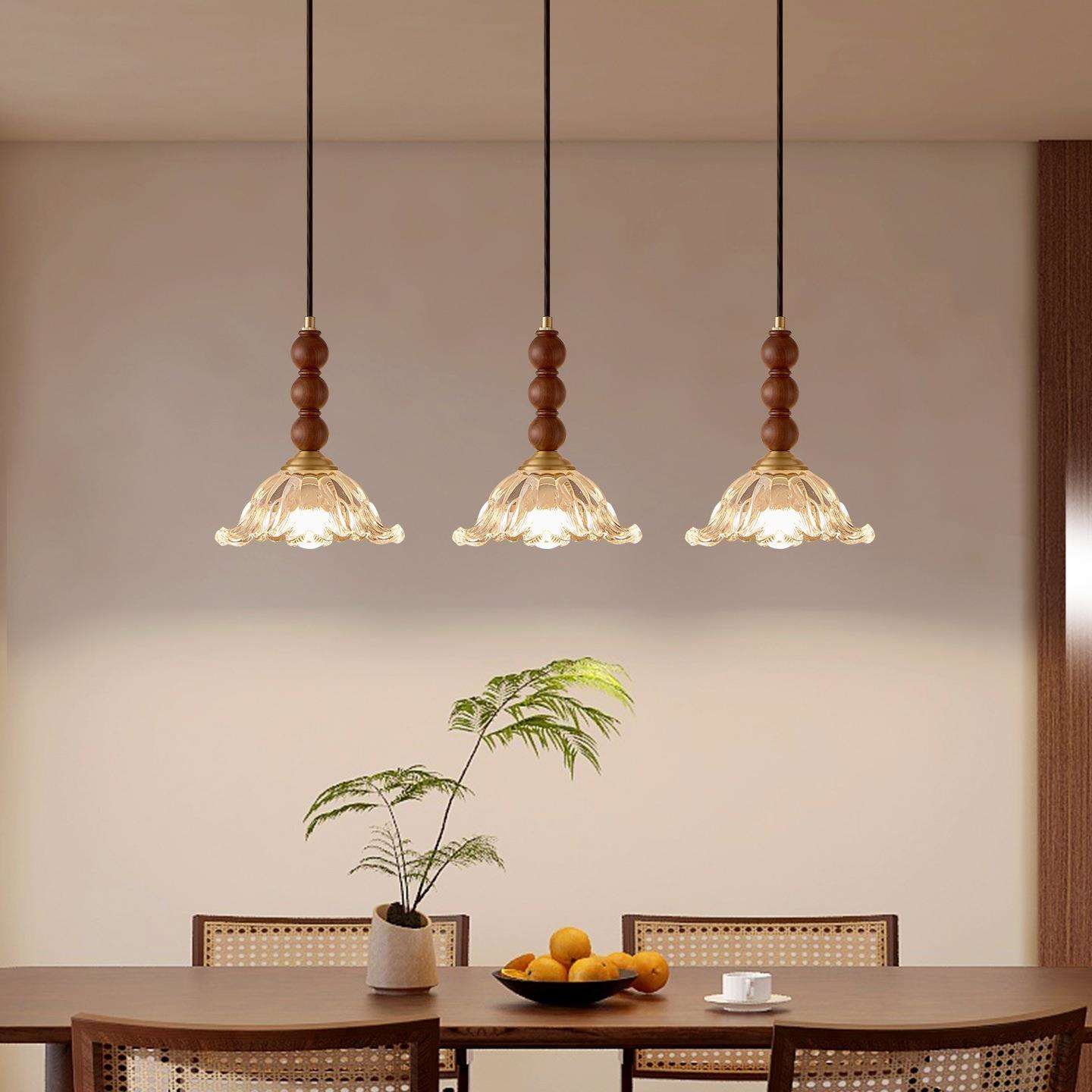 法式复古餐厅吊灯三头中古风胡桃木长条餐桌吧台灯设计师款饭厅灯