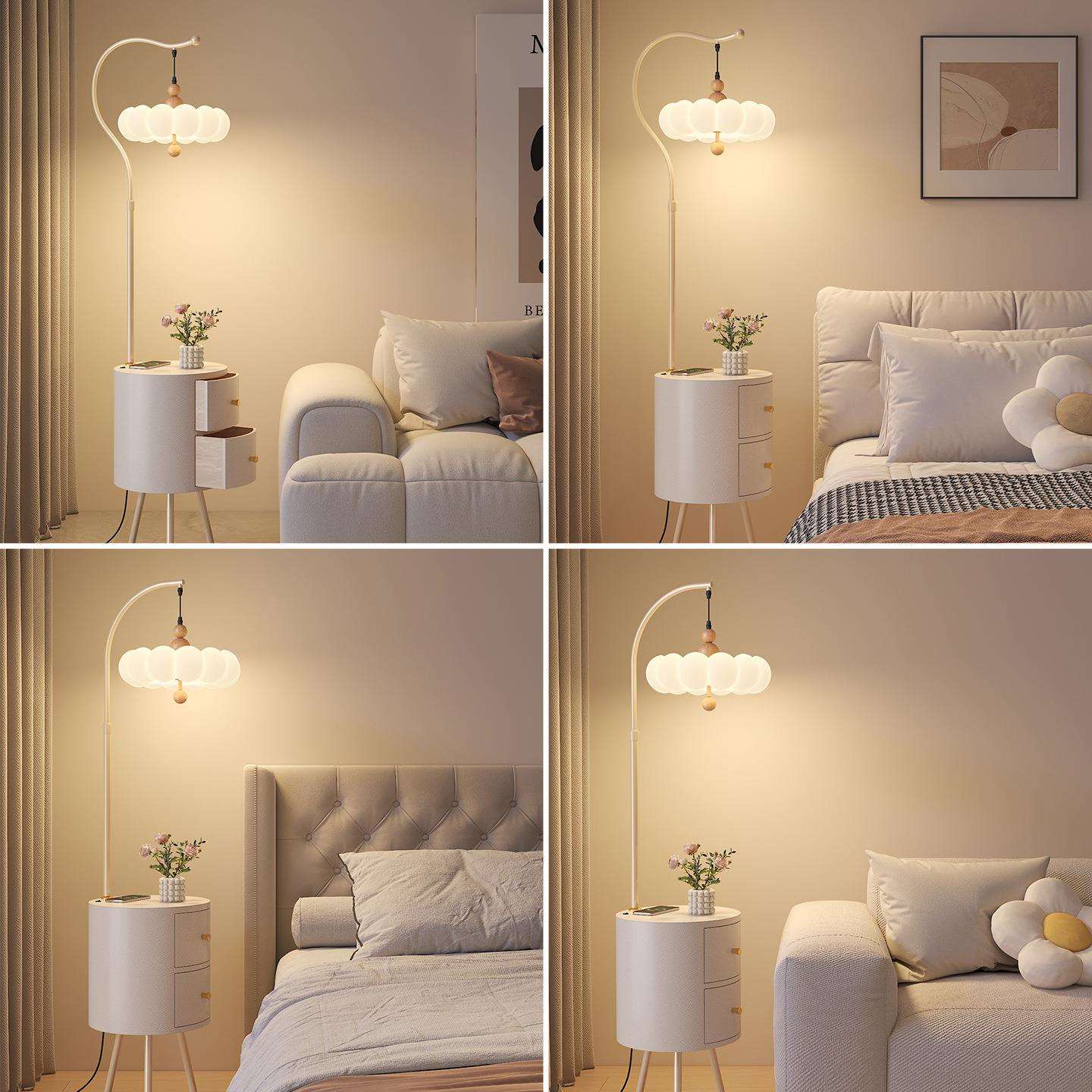 极简奶油风落地灯氛围感中古风客厅沙发旁卧室床头柜一体置物灯具