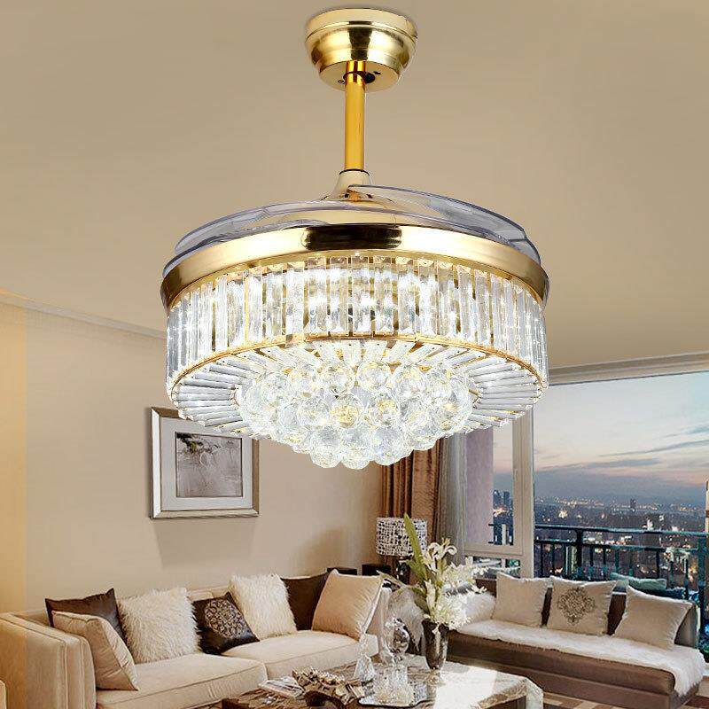 跨境欧式时尚水晶隐形风扇吊扇灯 客厅餐厅卧室书房创意led风扇灯