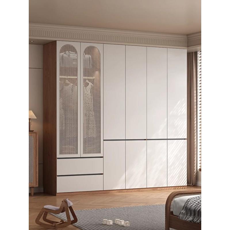 法式复古拼色藤编实木衣柜卧室家用分段式实木颗粒板日式收纳衣橱