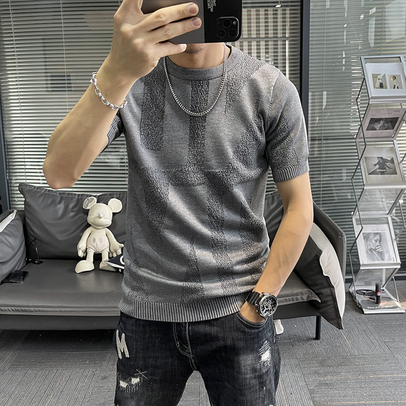 短袖毛衣针织衫男2023圆领春秋新款纯色创意提花半截袖弹力打底衫