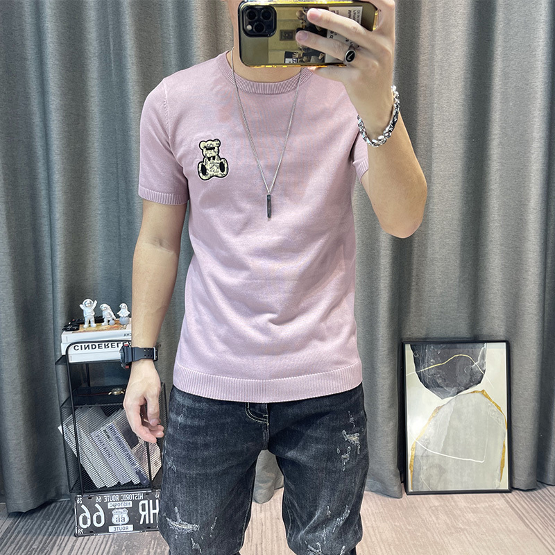 半袖男冬季圆领短袖毛衣弹力修身紧身针织上衣打底半截袖套头毛衫