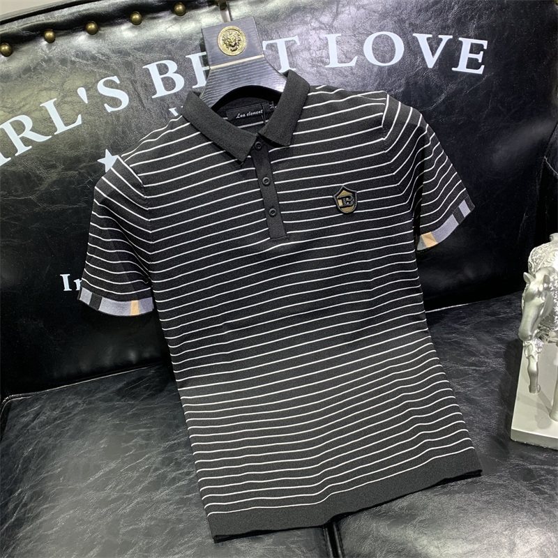 条纹冰丝短袖POLO衫男夏季时尚潮流修身薄款翻领针织半袖T恤休闲