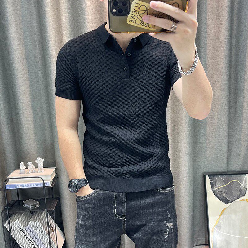 翻领针织衫男春秋百搭男士polo领短袖针织弹力紧身青年针织短袖