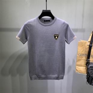 春装男士针织上衣短袖东北大码胖子打底毛衣紧身肥佬红色线衫半袖