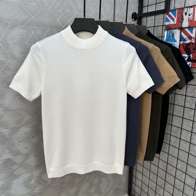 极简轻奢中领短袖毛衣男冬季内搭打底衫男士白色厚款半袖针织衫