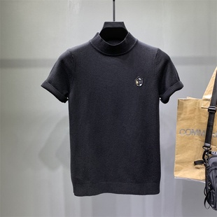 男士半高领短袖毛衣字母绣标针织衫韩版紧身冬季打底衫潮流半袖厚