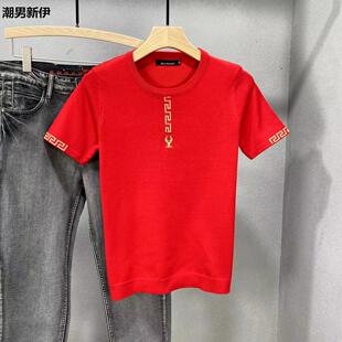 红色本命年半袖毛衣男针织衫短袖鹿头潮流提花刺绣休闲加厚修上衣