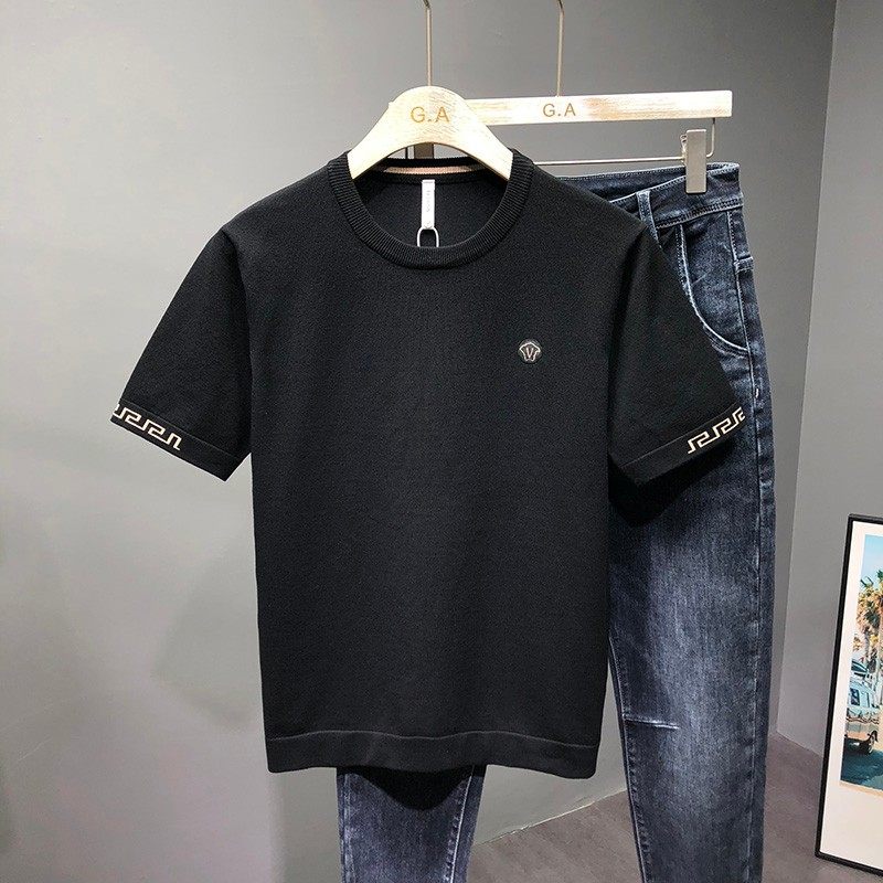 秋冬季男士修身短袖毛衣刺绣2024新款打底毛衫男装半袖针织衫潮流