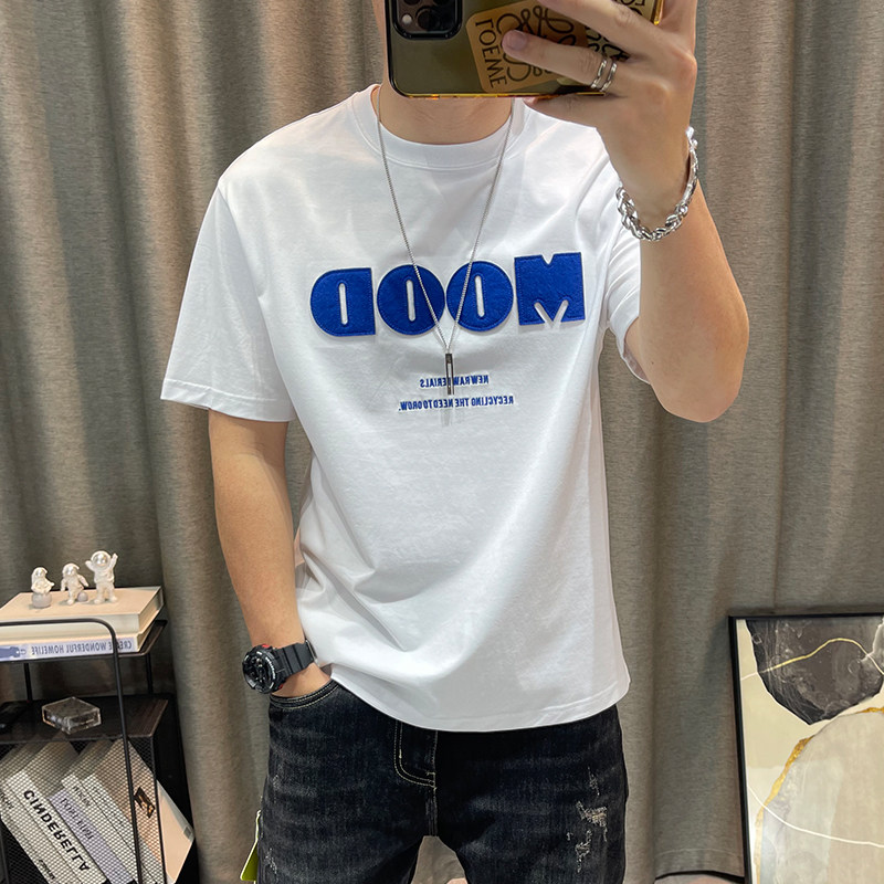 短袖t恤男2023夏季新款男士字母刺绣日常半袖体恤衫青年男装衣服