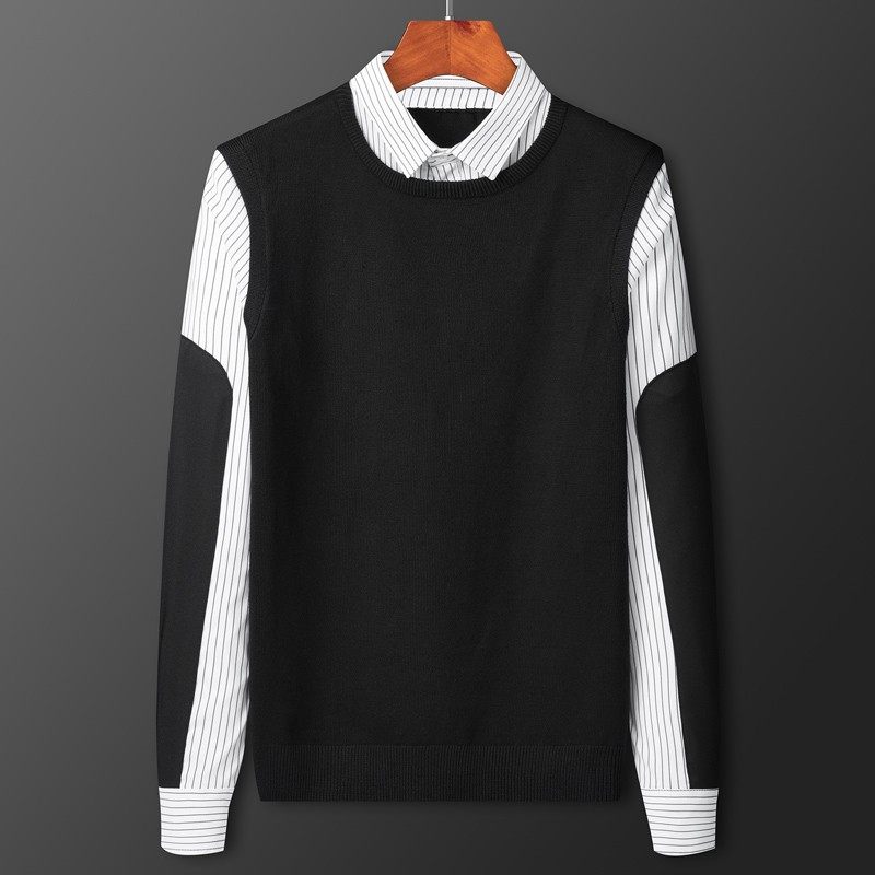 假两件毛衣男秋冬季2023新款潮流拼接条纹衬衫领针织衫长袖打底衫
