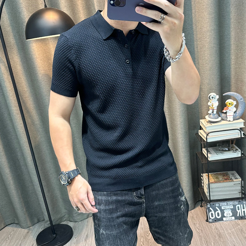 夏季polo领冰丝短袖针织衫男士2023新款纯色翻领体恤衫有领薄上衣