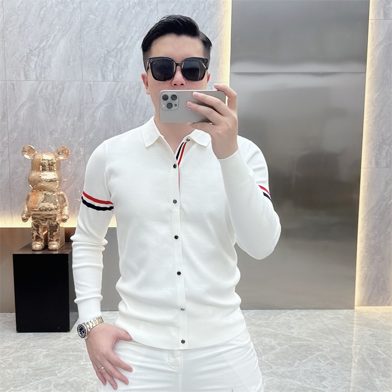 2024秋季欧货潮牌网红简约条纹翻领针织毛衣男时尚修身百搭长袖潮