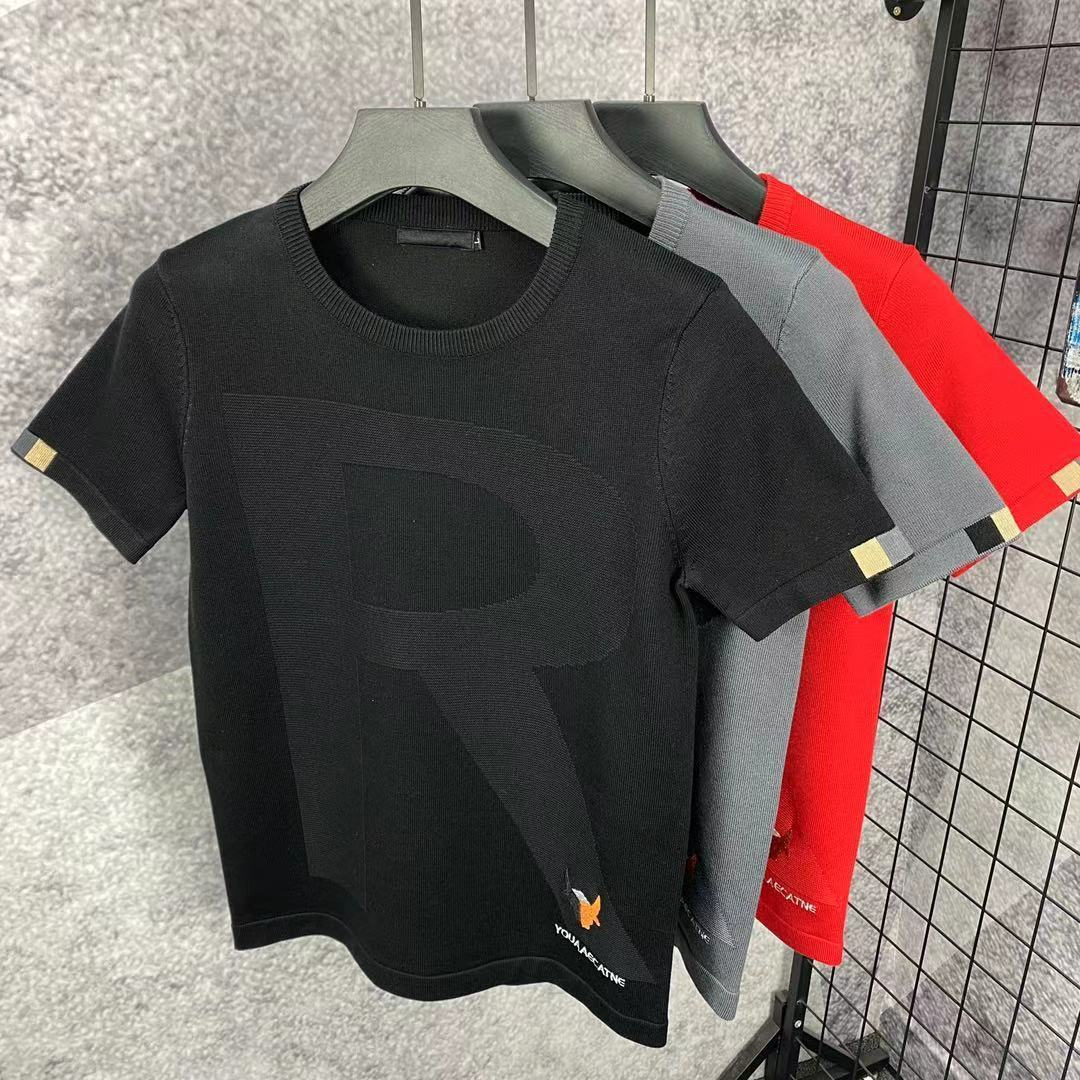 男士字母提花针织衫半袖秋冬季大码青年韩版修身短袖毛衣圆领毛衫